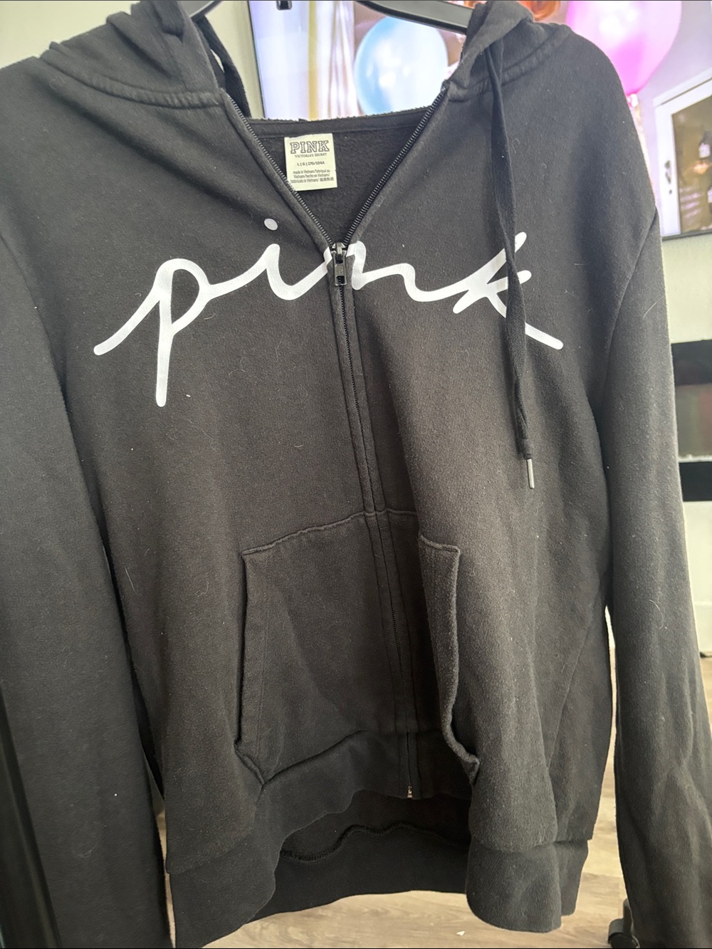 PINK Victoria's Secret Black Zip-Up Hoodie with White Script